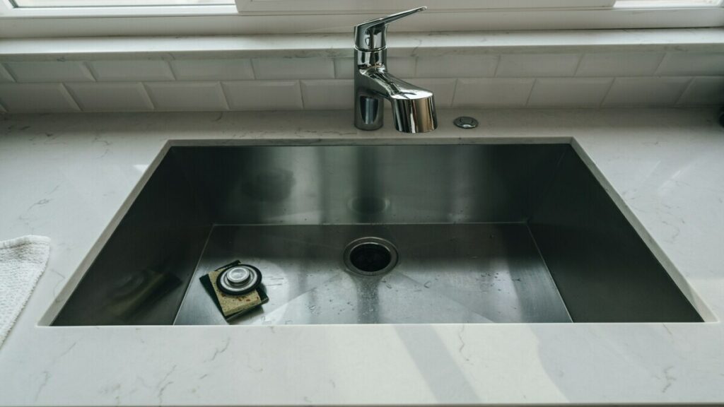 a sink with a faucet and a sponge